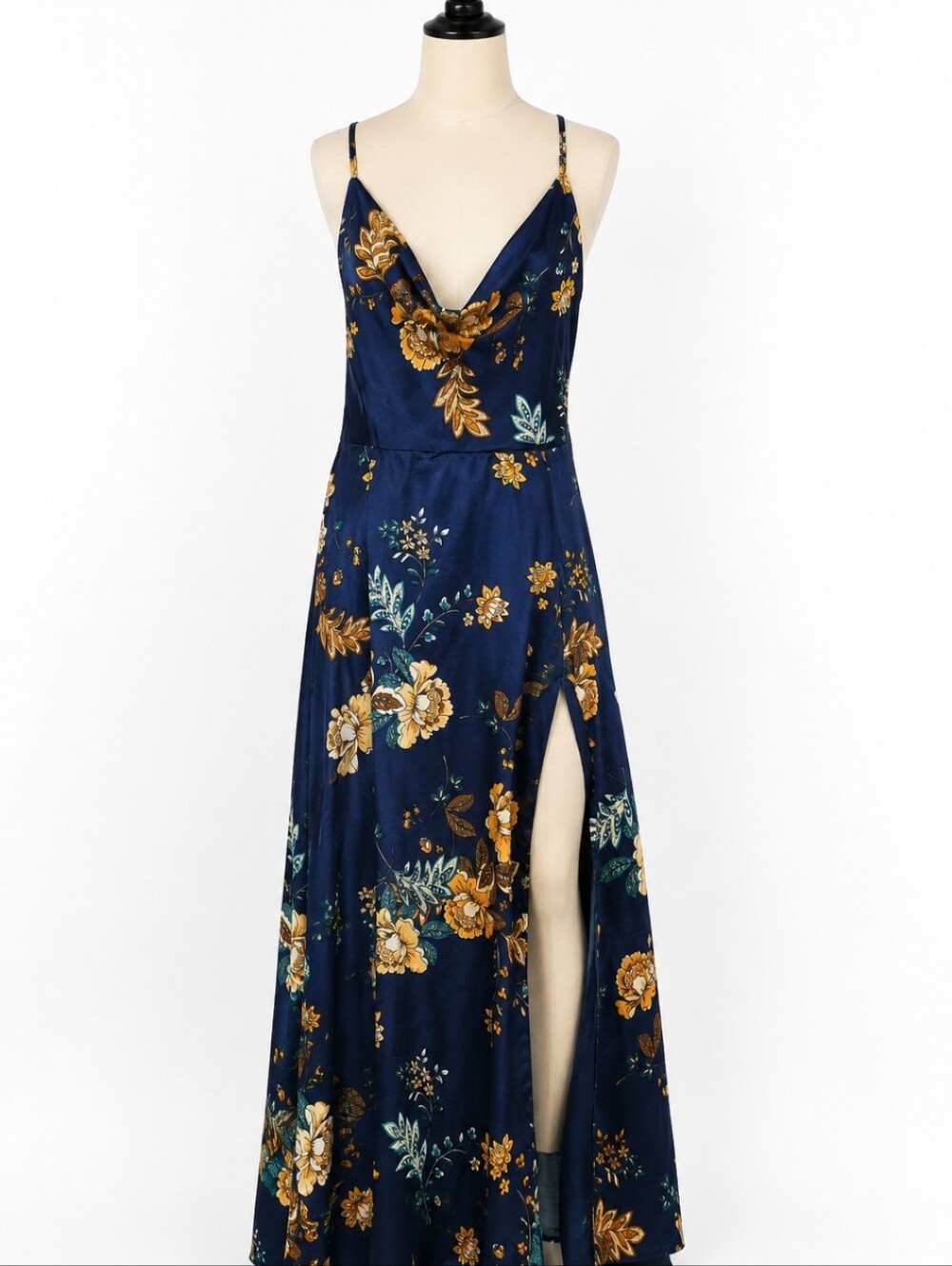 Navy Floral Slip Maxi Dress with Gold Accents Lightwieght